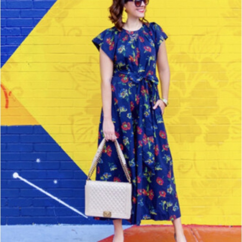 Ulla Johnson Navy Floral Jumpsuit with Tie Waist